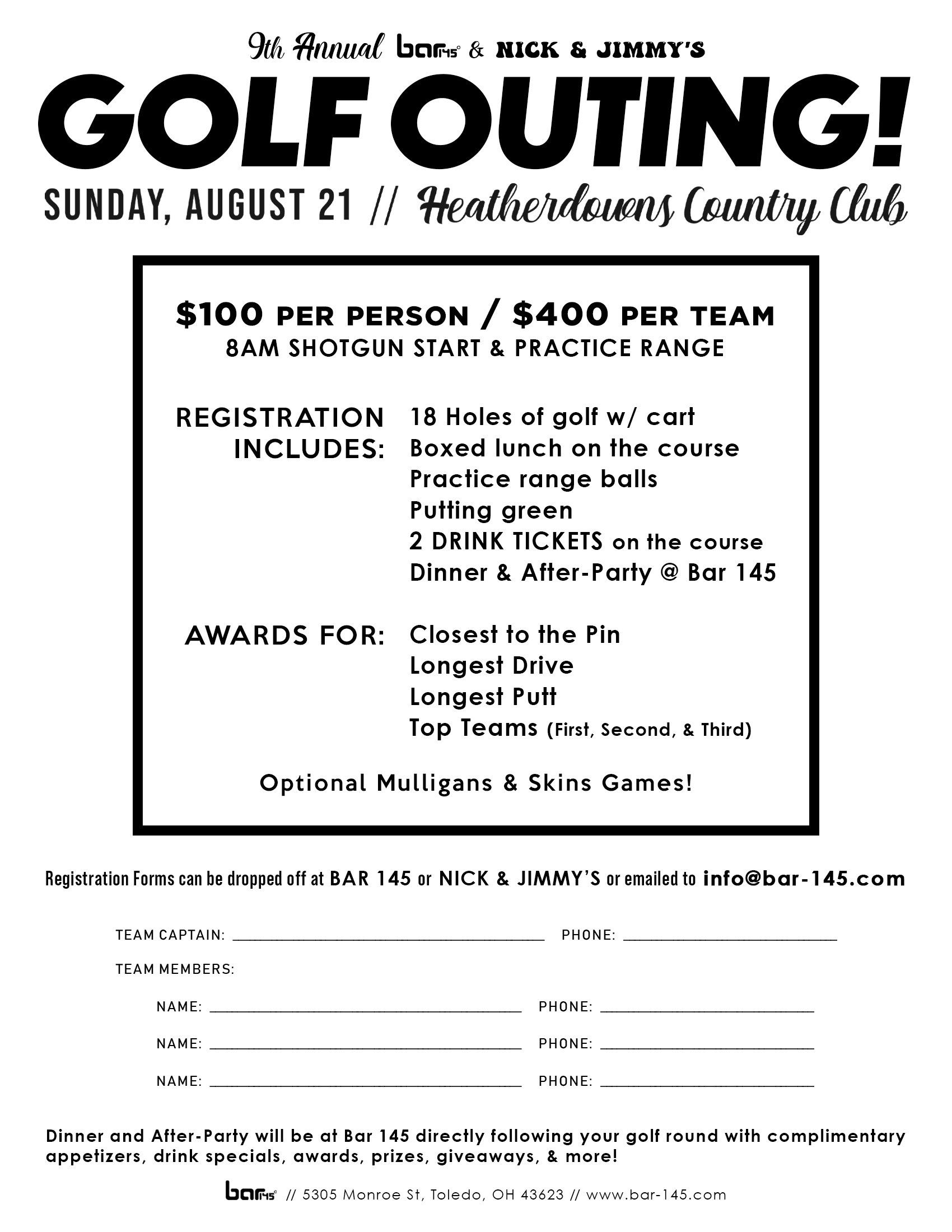 Annual Golf Outing Registration - Bar 145 and Nick & Jimmy's