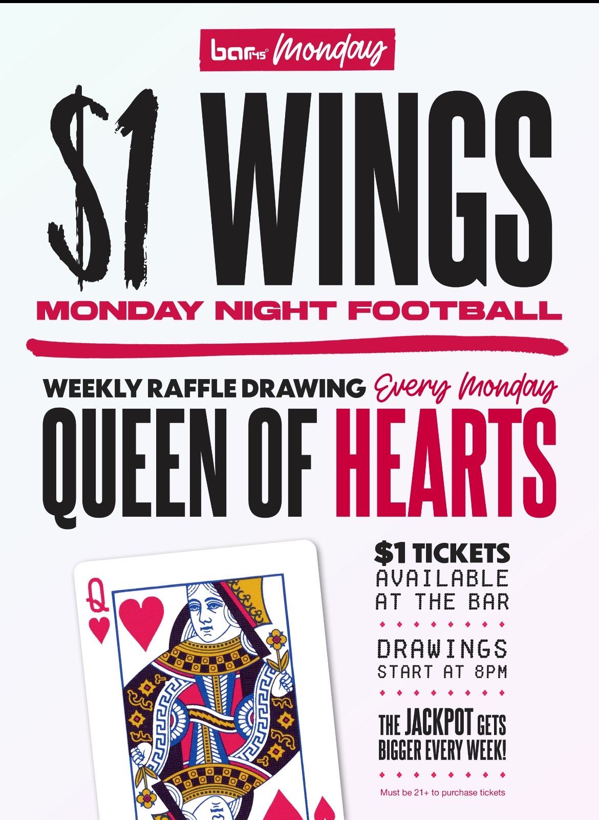 Every Monday at Bar 145 in Toledo, Ohio - Queen of Hearts and 1 dollar wing special. 