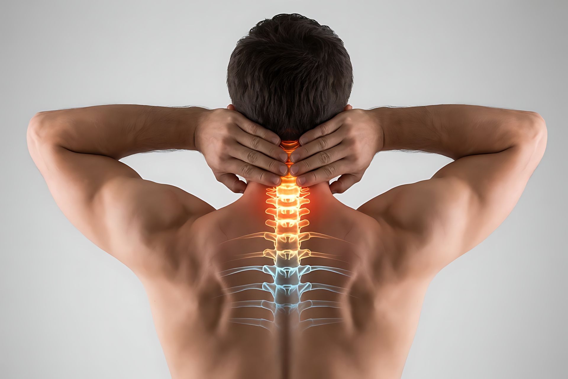 Man holding neck with highlighted spine showing pain or discomfort. Man holding neck with highlighted spine showing pain or discomfort.