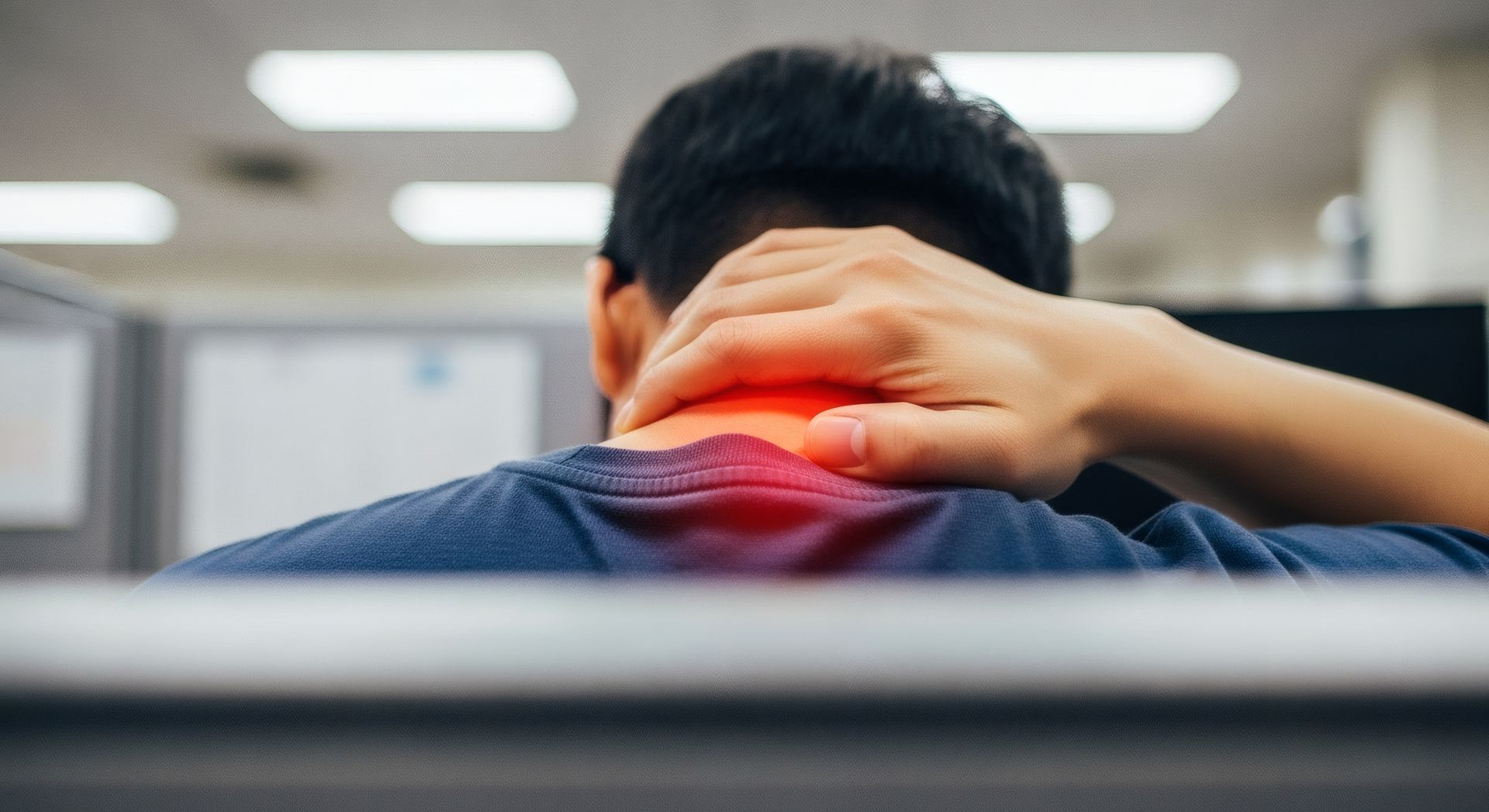 Person holding neck with red glow indicating pain or discomfort. Person holding neck with red glow indicating pain or discomfort.