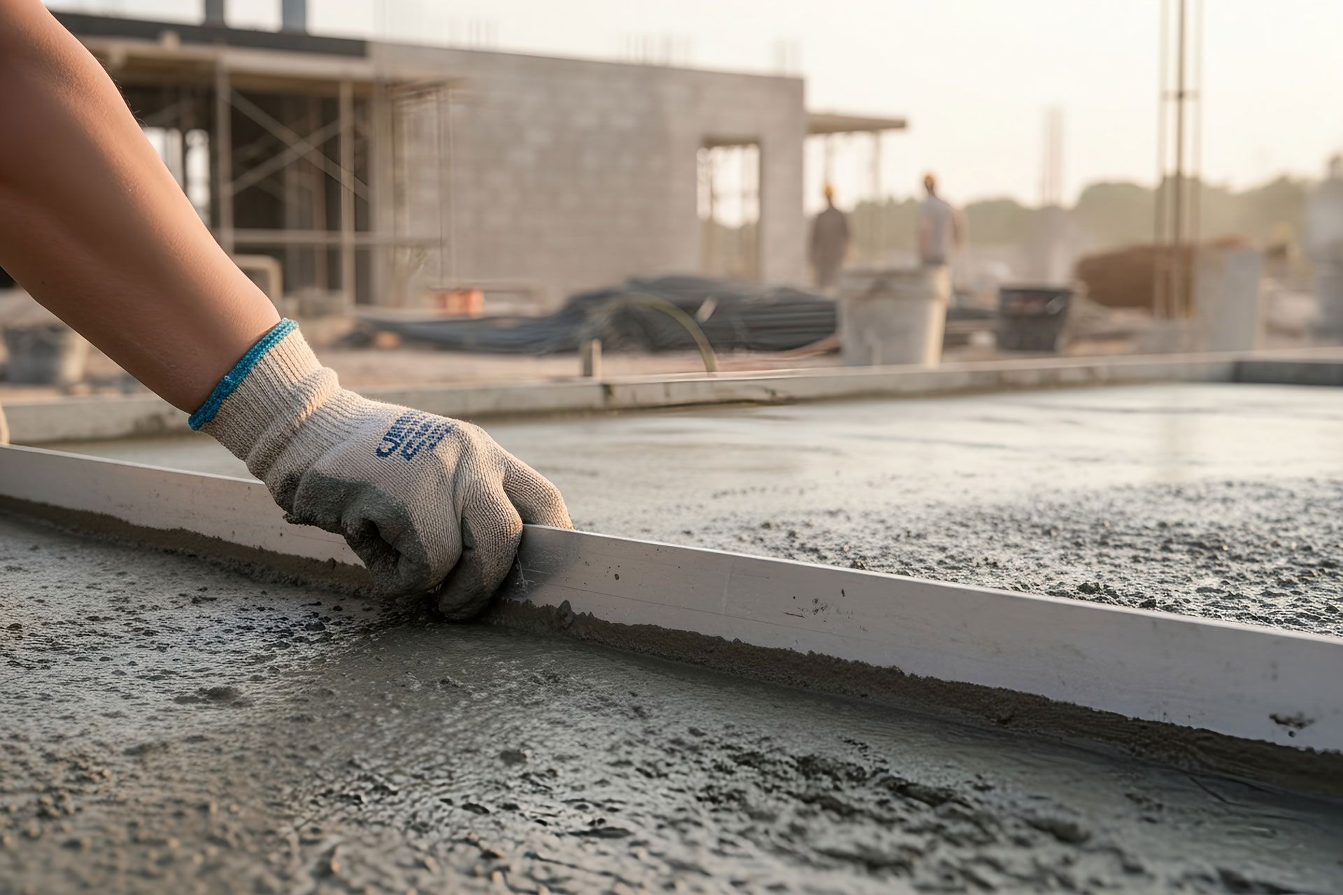 Gloved hand smoothing wet concrete on a construction site at sunset