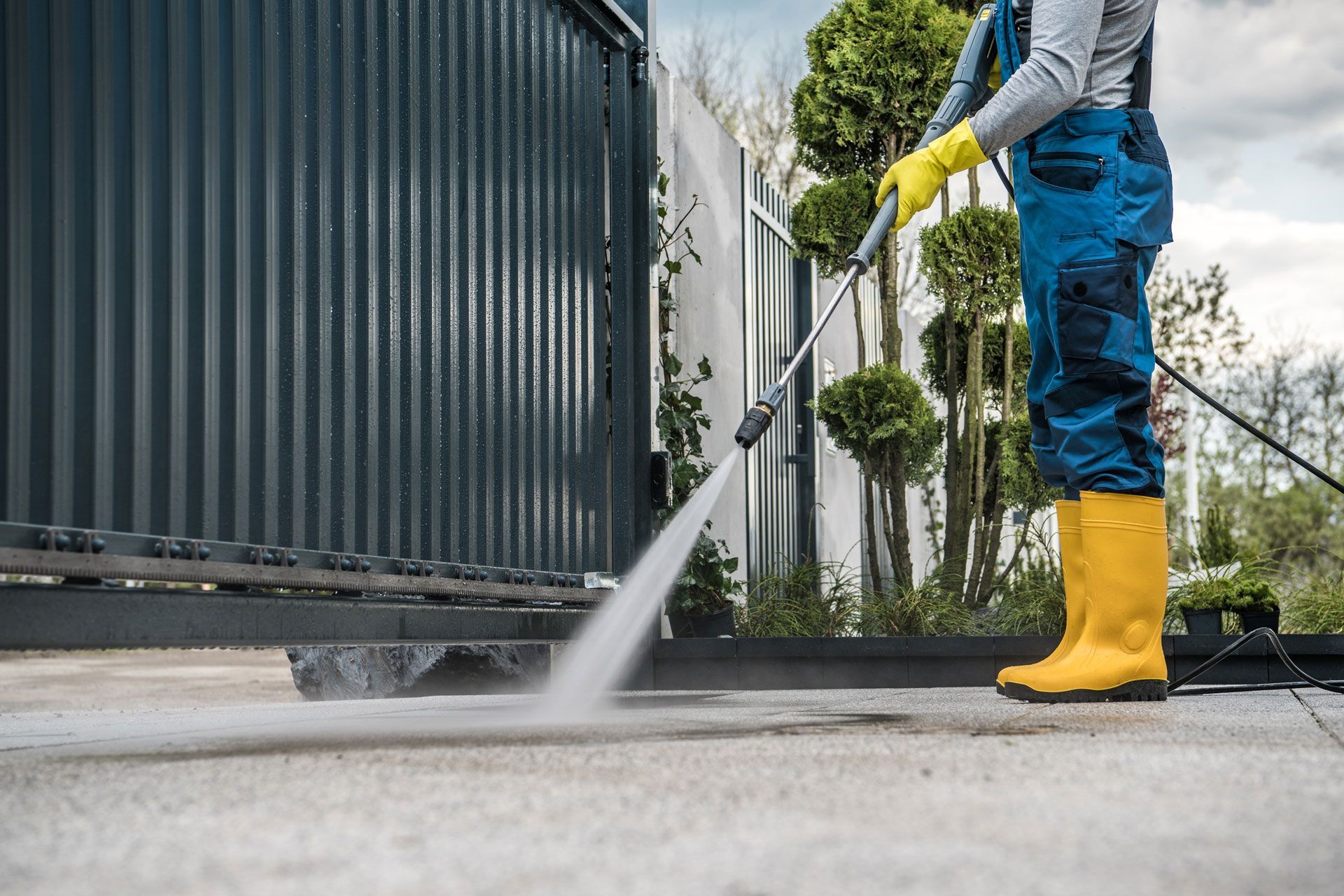 Person pressure washing a driveway beside a fence, wearing yellow boots and gloves