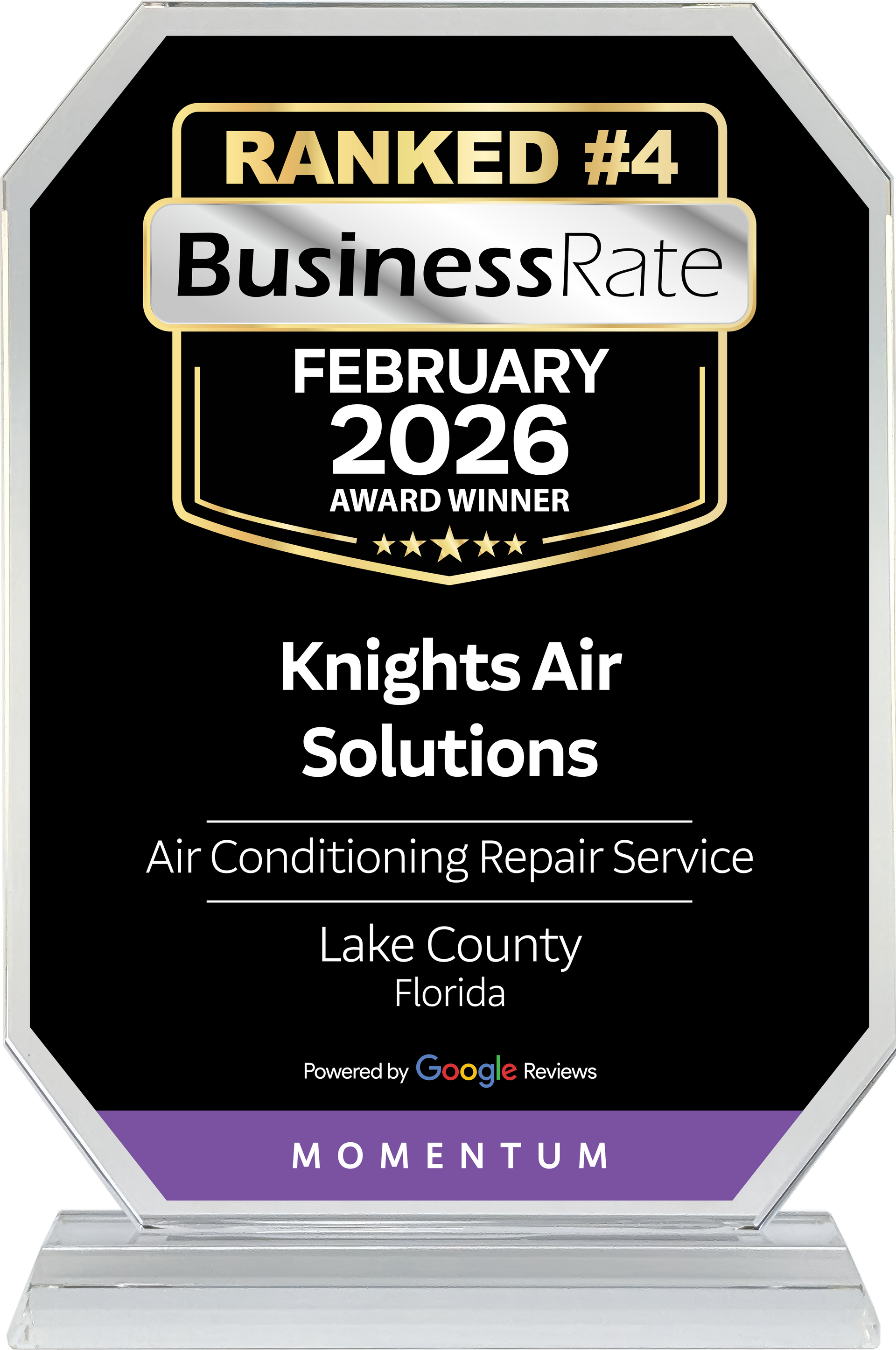 An award plaque for Knights Air Solutions, ranked #4 for air conditioning repair in Lake County, Florida, for February 2026.