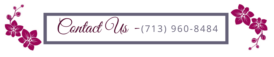 Decorative “Contact Us” banner with floral accents and phone number (713) 960-8484