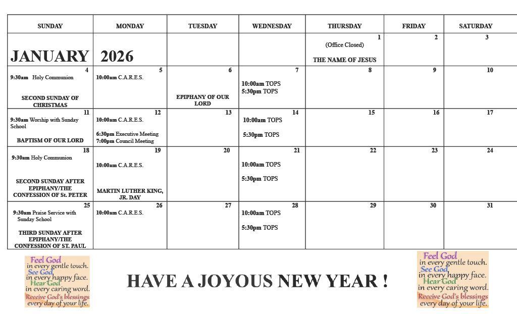 December 2025 calendar with various holiday-related events and church activities.