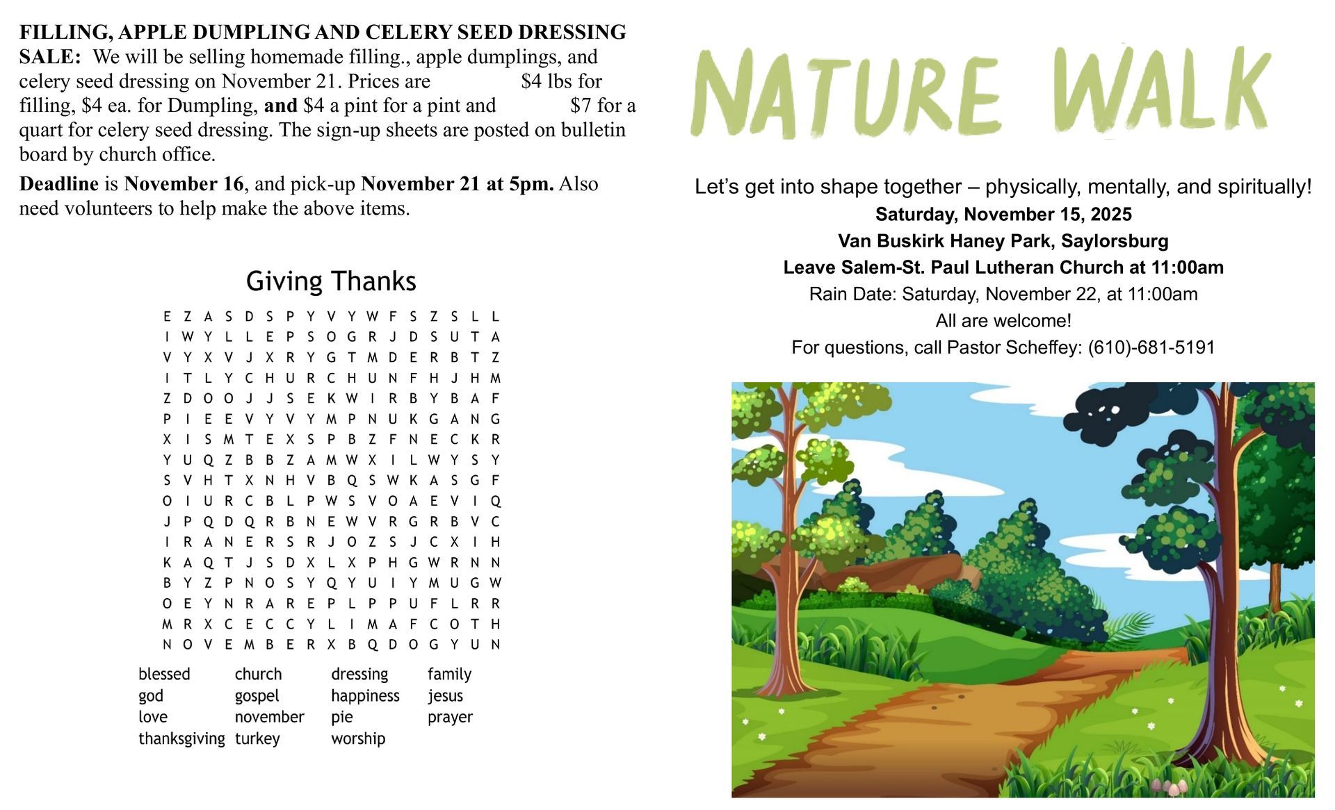 Environmental Day flyer with pumpkins and a Bible word search.
