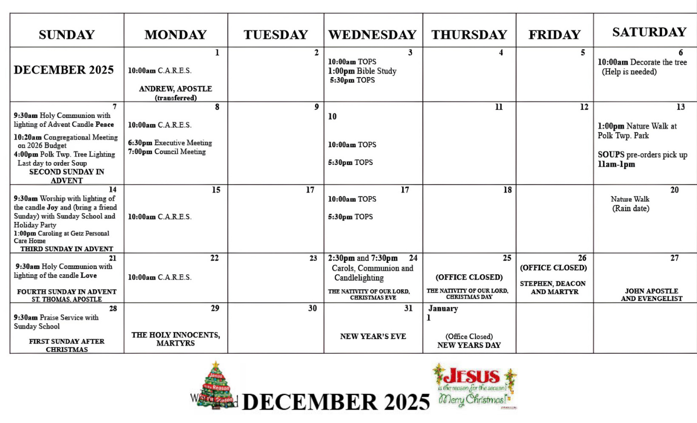 December 2025 calendar with various holiday-related events and church activities.