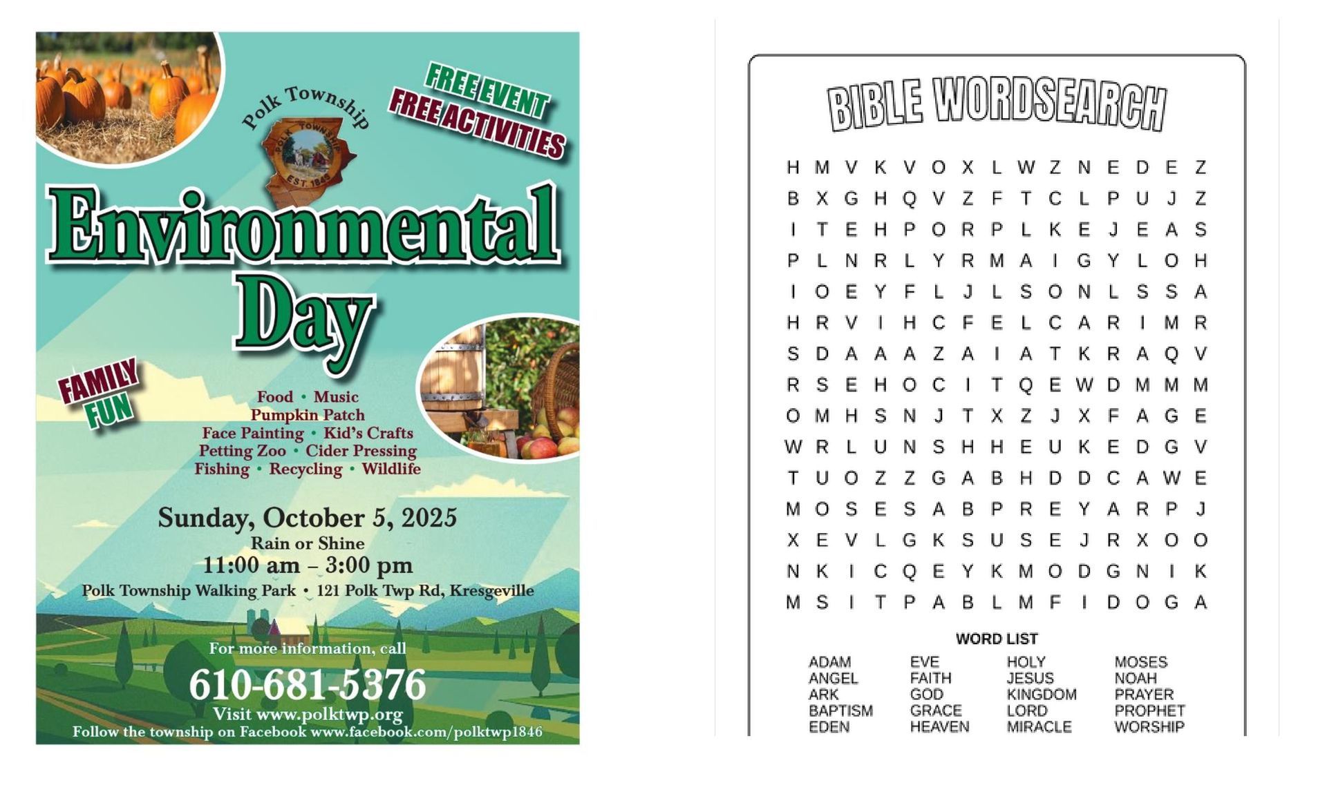 Environmental Day flyer with pumpkins and a Bible word search.
