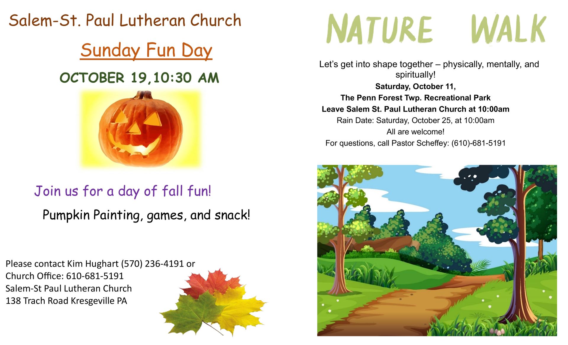Flyer for a Sunday Fun Day at Salem-St. Paul Lutheran Church. Features a pumpkin, leaves, games, and a nature walk.