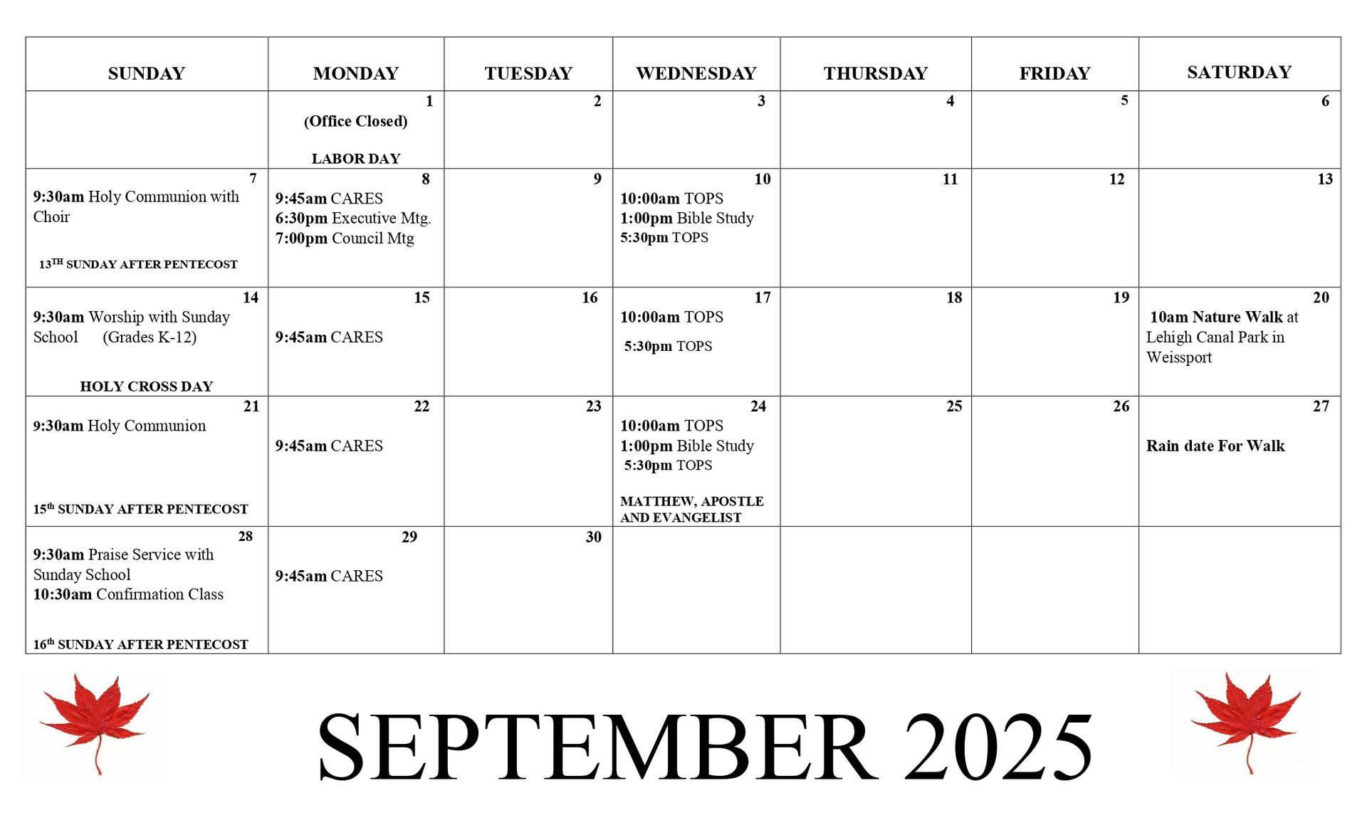 September 2022 calendar with event listings. Two red maple leaf decorations at the bottom.