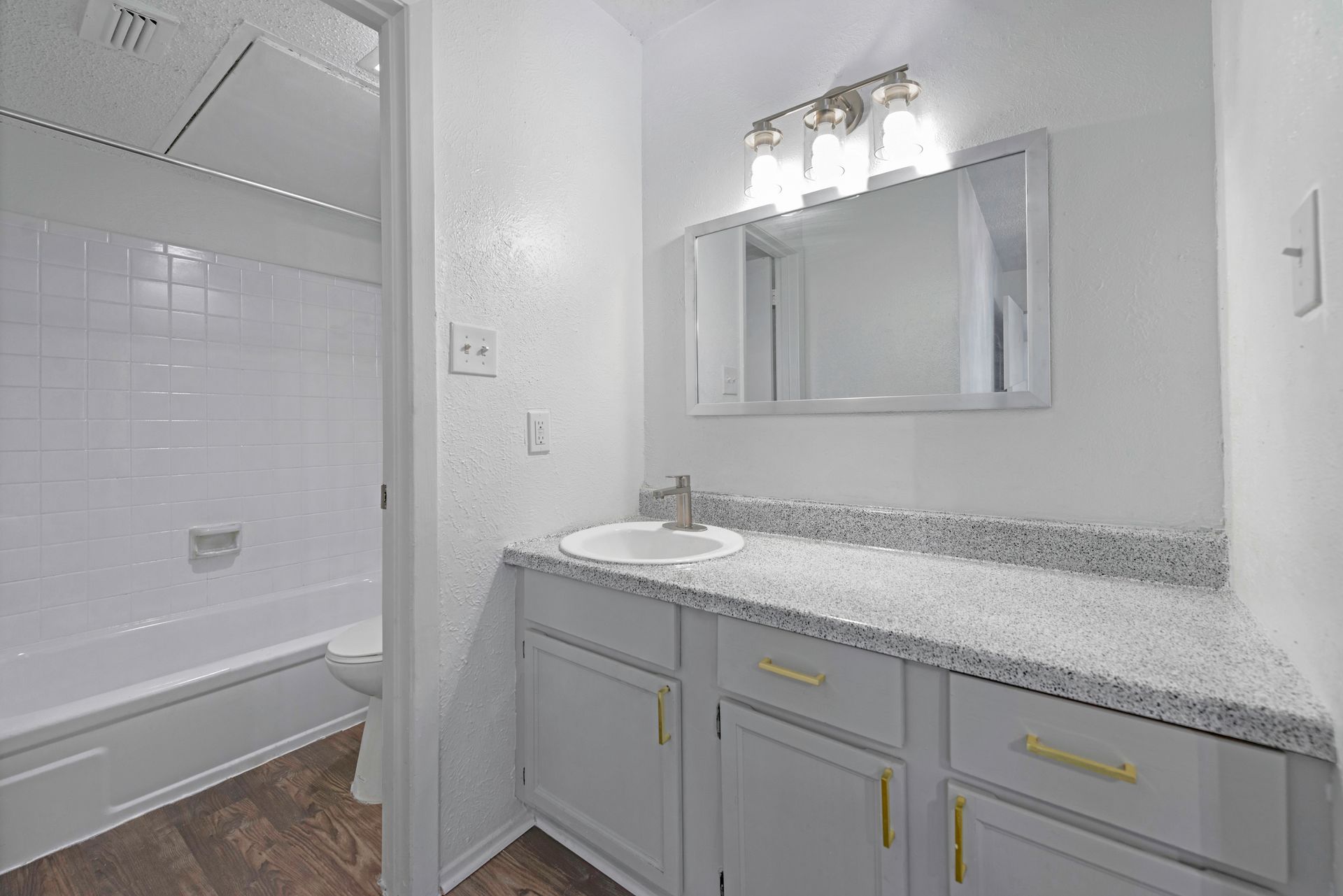 Bathroom with a white vanity, gray countertop, mirror, and a bathtub.