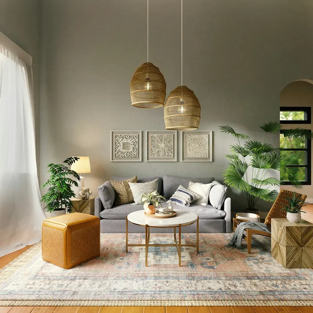 Cozy living room with a gray sectional, woven pendant lights, plants, and a patterned rug