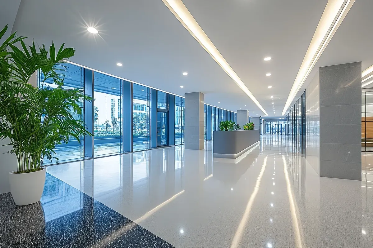 A modern, brightly lit office lobby with white glossy floors, floor-to-ceiling windows, and a large indoor potted plant.