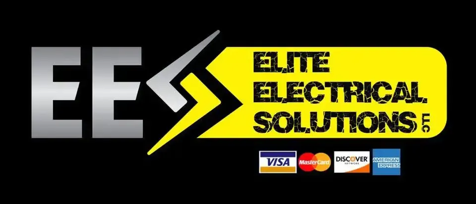 Logo for Elite Electrical Solutions with gray "EE" text, a yellow lightning bolt, and four credit card icons on black.