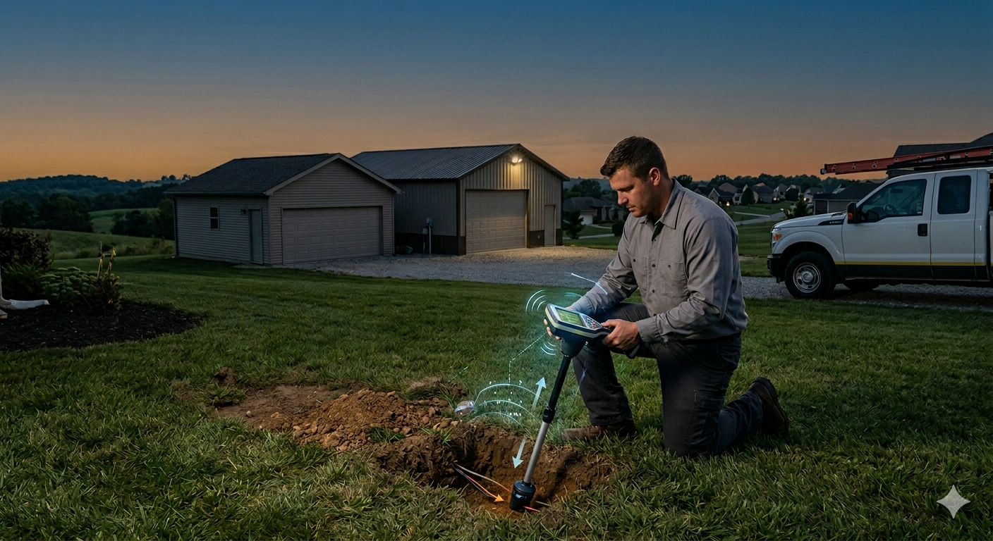 A gray electrical junction box mounted on a stone wall above bare soil, surrounded by greenery.