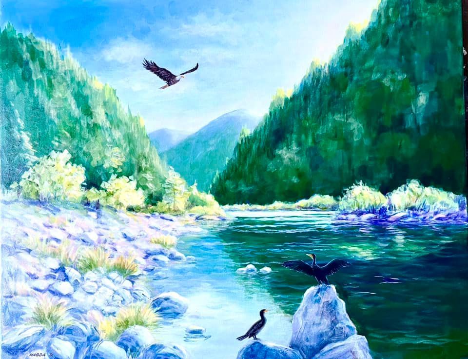Painting of Birds Flying Over a River with Mountains in The Background