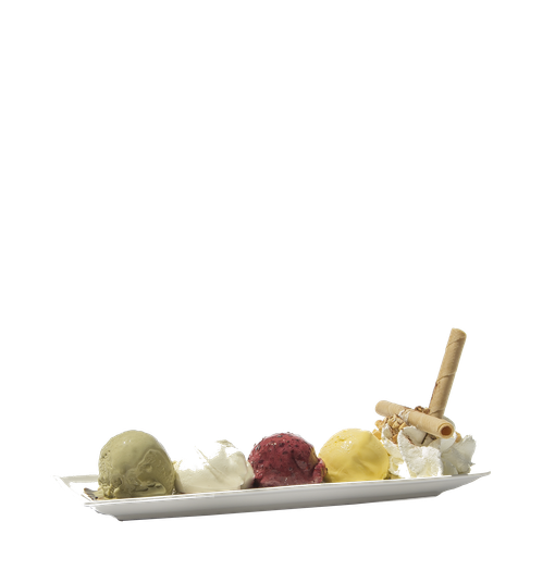 Un piatto rettangolare con quattro palline di gelato (verde, bianco, ai frutti di bosco e giallo) guarnite con bastoncini di cialda.