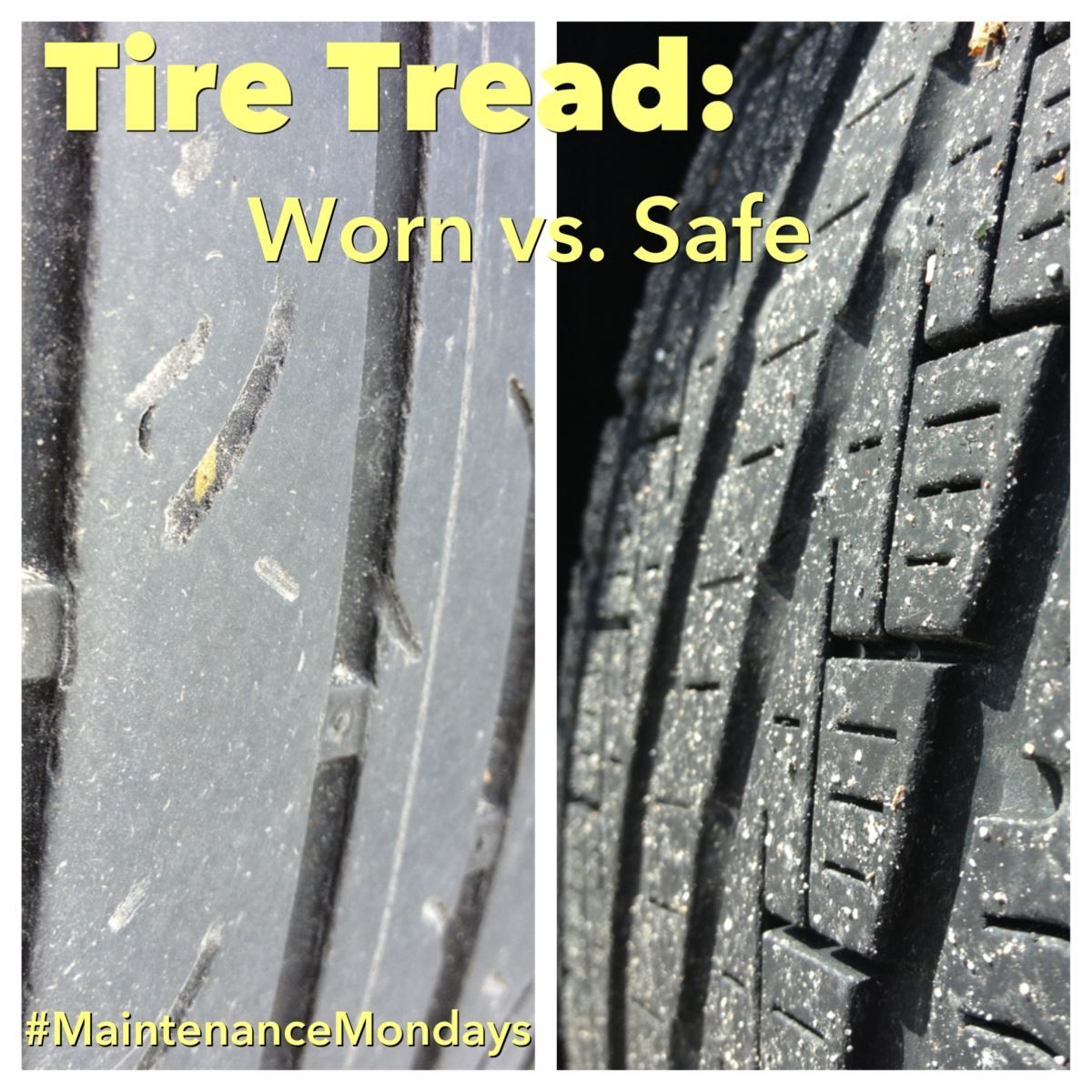 Tire Tread, image comparing worn tread on a tire to a safe to use tread on a newer tire | Leonardi Automotive