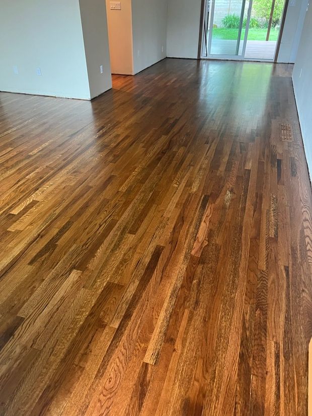 Empty room with dark wood floors and a large window in natural light
