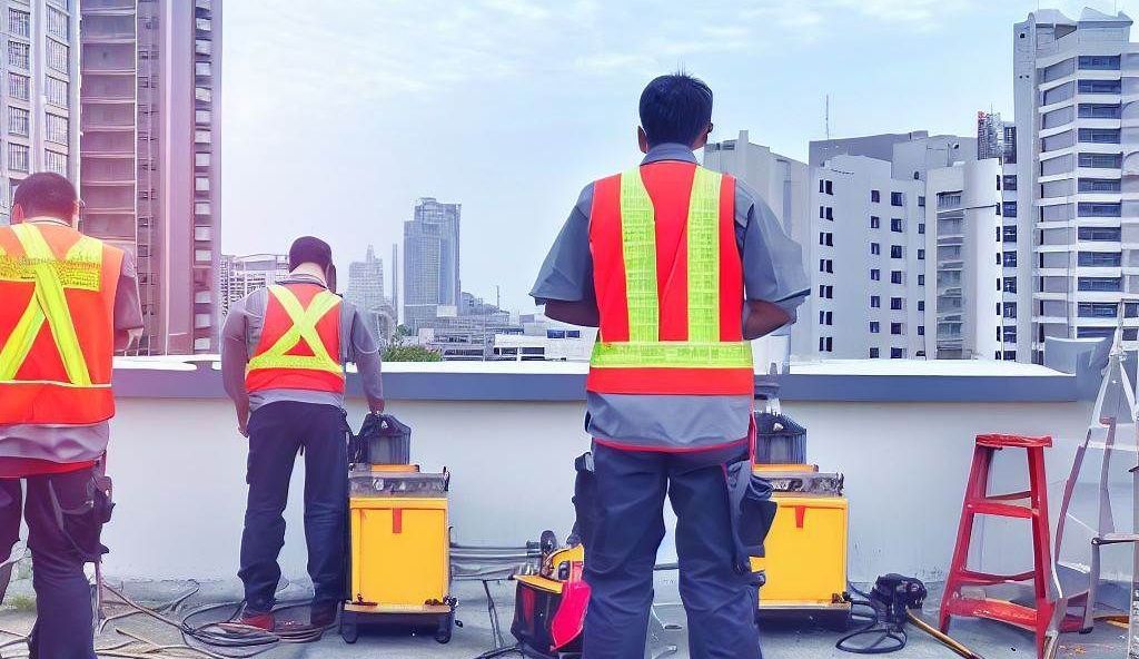 Workers on top of a building surveying maintenance jobs
