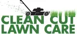 Logo for Clean Cut Lawn Care with a lawnmower, grass clippings, and green text on a white background.