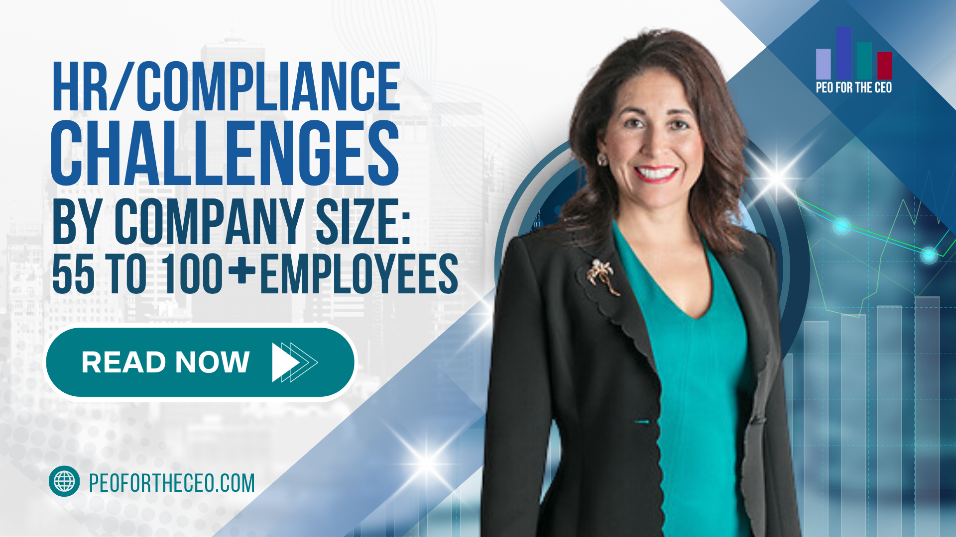 A woman in a suit and a blue shirt is standing in front of a graph.