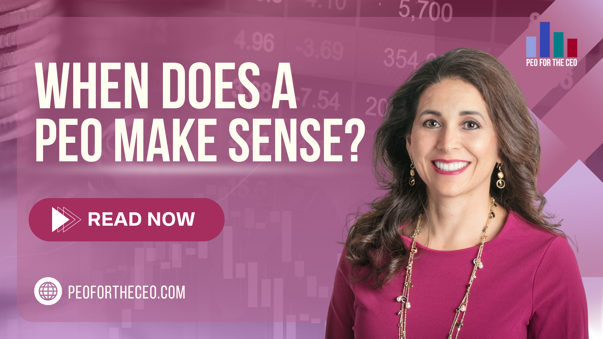 A woman is smiling in front of a purple background with the words `` when does a peo make sense ? ''