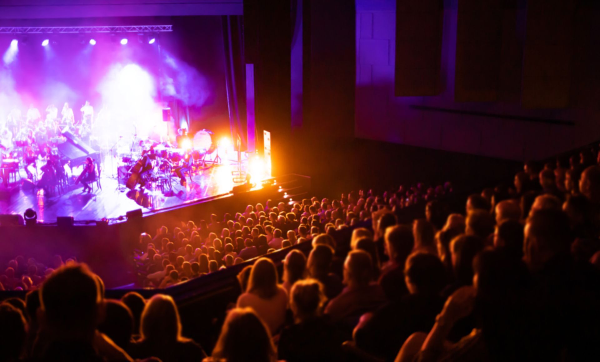 A crowd of people are sitting in an auditorium watching a concert.