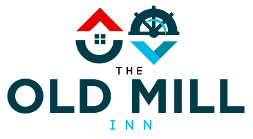 A logo for the old mill inn with a house and a boat wheel.