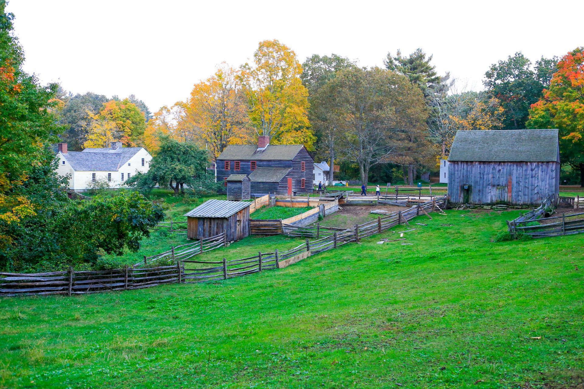 A rustic farmstead with a white house, log building, and wooden barn surrounded by autumn trees and a split-rail fence.