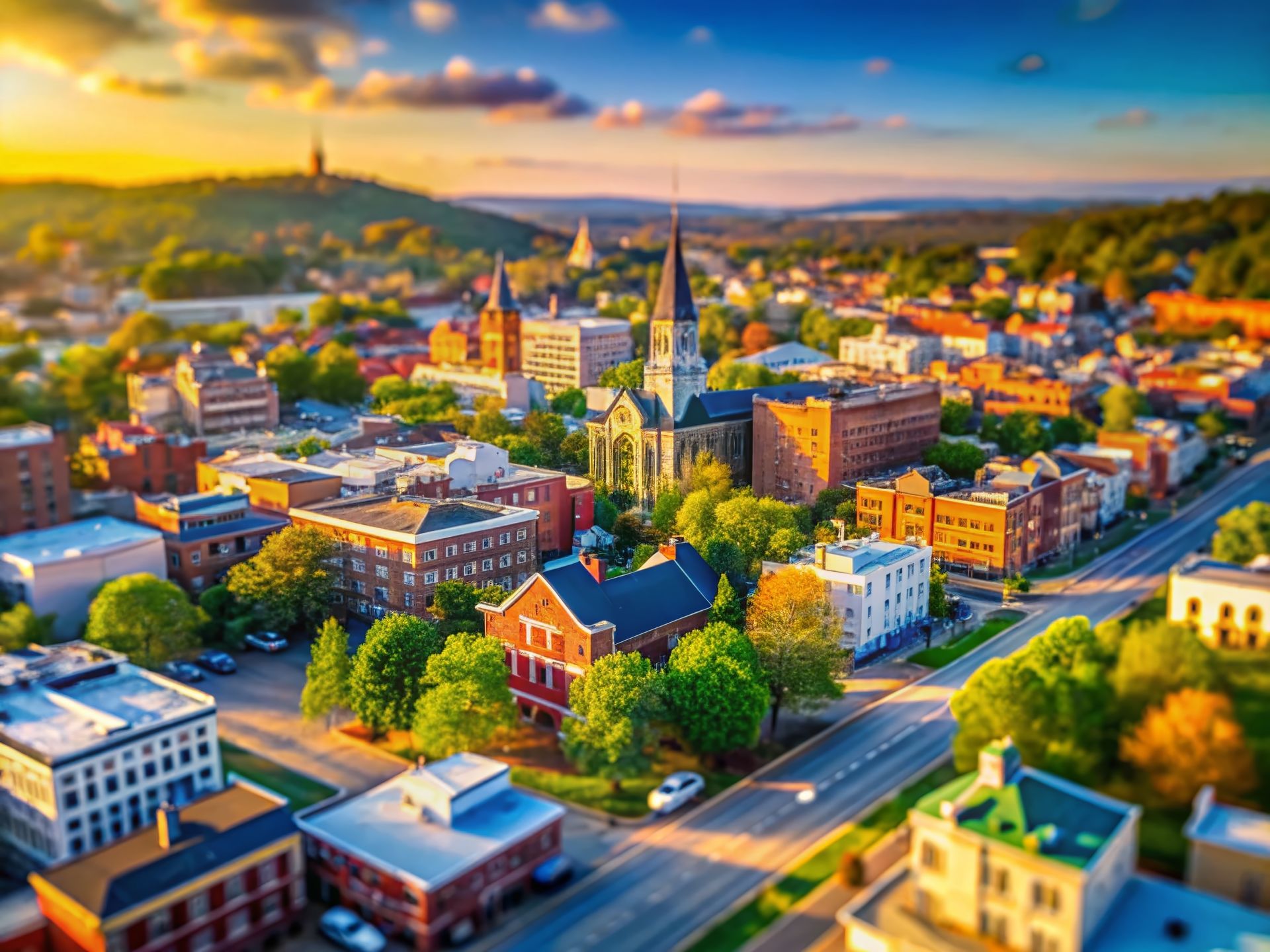 An aerial view of a small town at sunset.