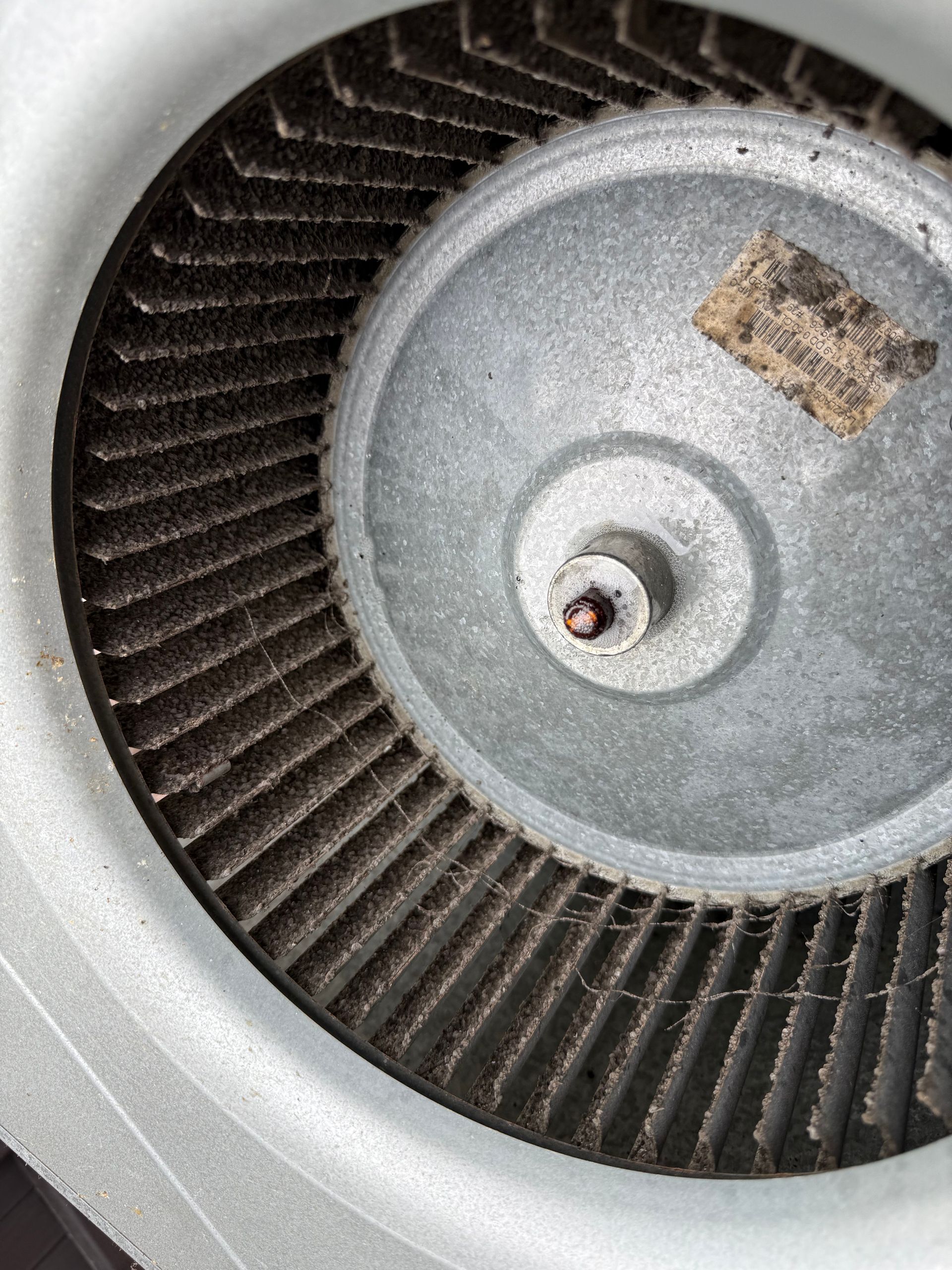 A dirty, circular HVAC blower wheel or squirrel cage fan with dust-covered fins mounted on a metal shaft.