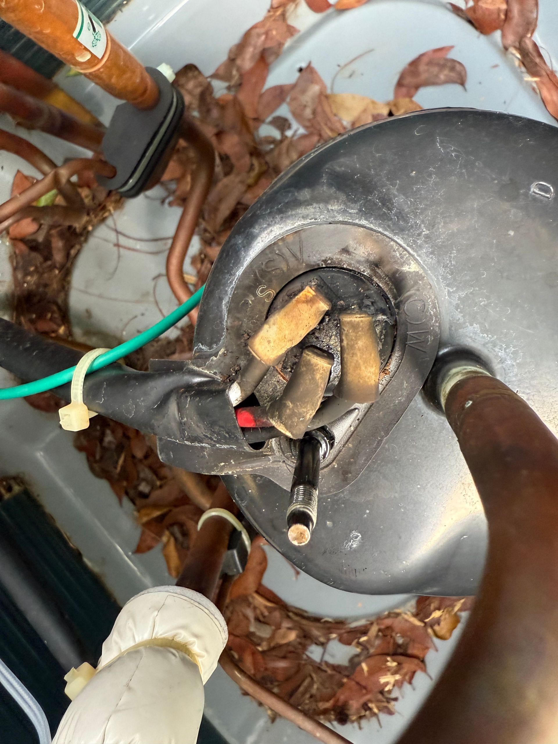 A top-down view of an outdoor HVAC compressor with damaged electrical wiring connectors exposed amidst dried leaves.