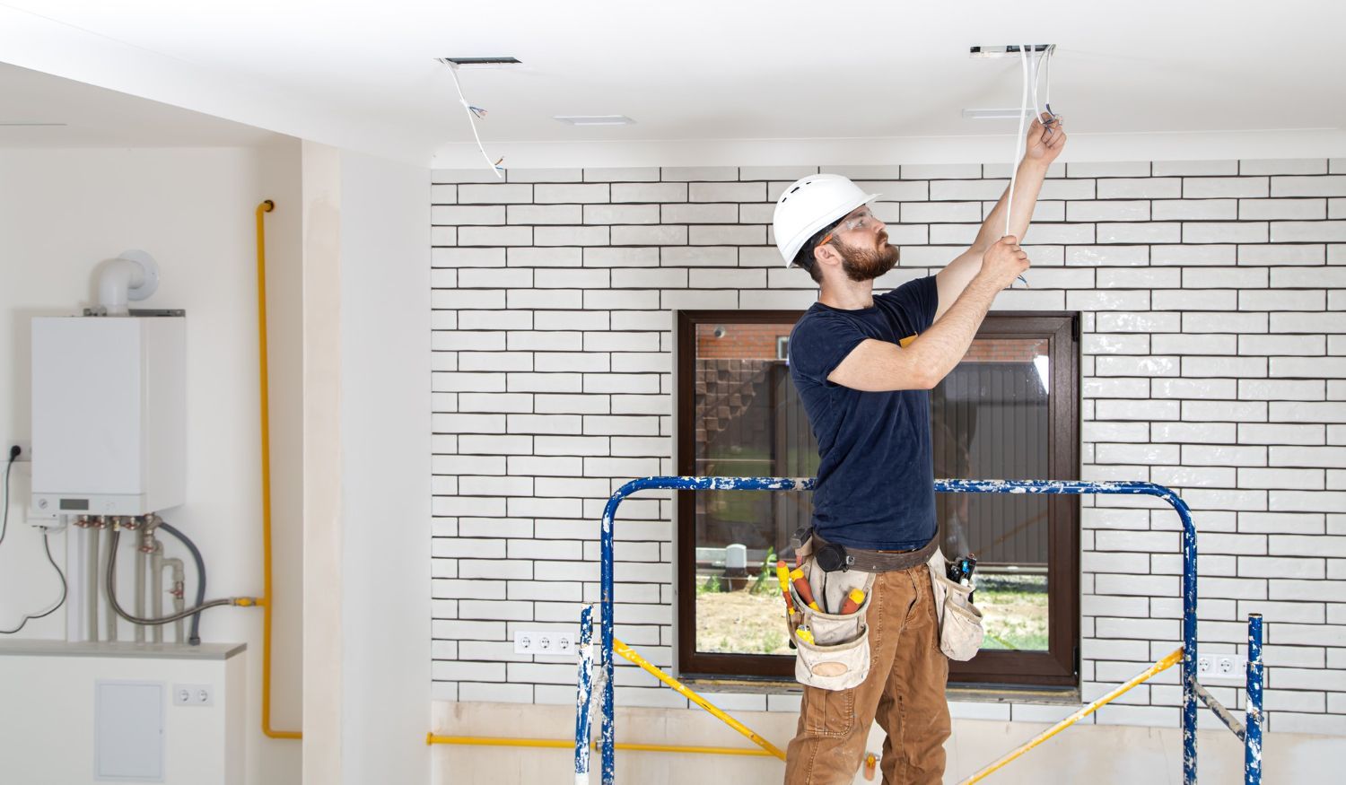 A man is standing on a scaffolding fixing a light fixture on the ceiling.