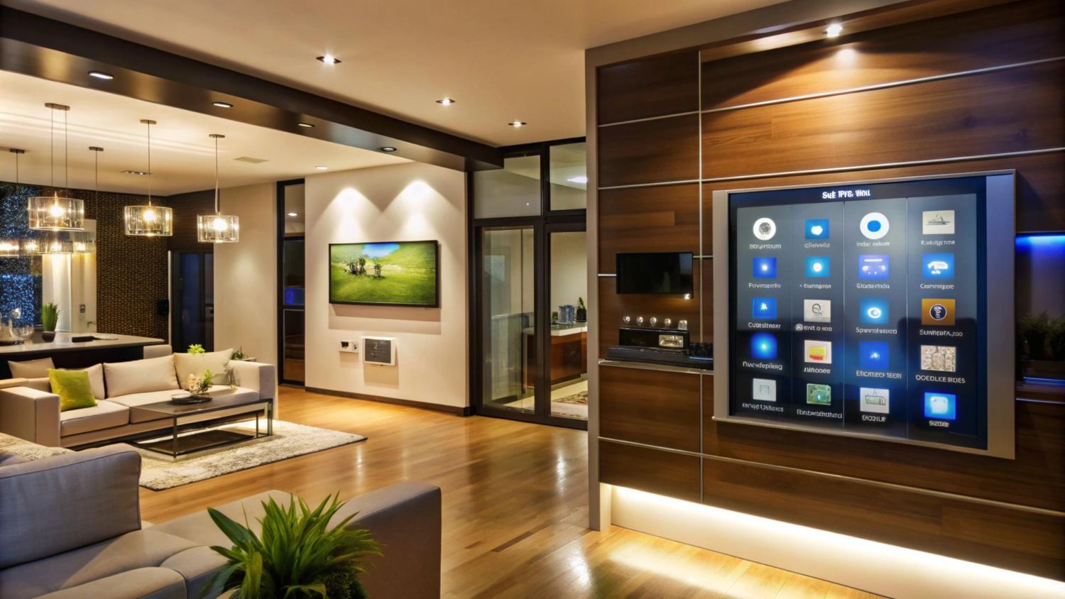 A living room with a large flat screen tv on the wall.