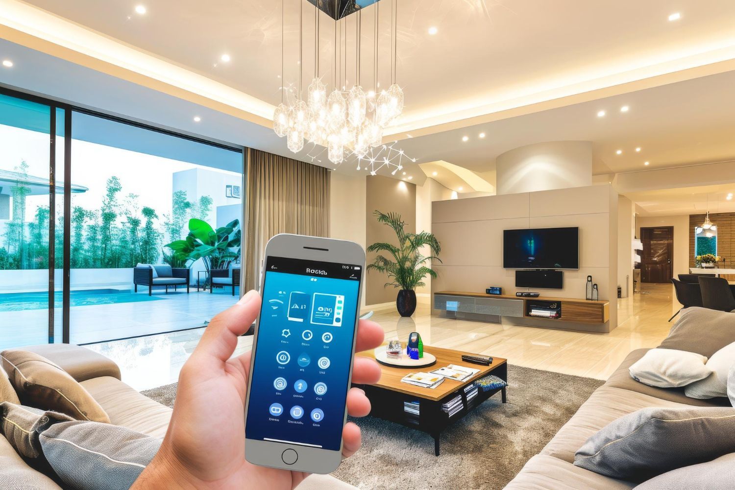 A person is holding a smart phone in a living room.