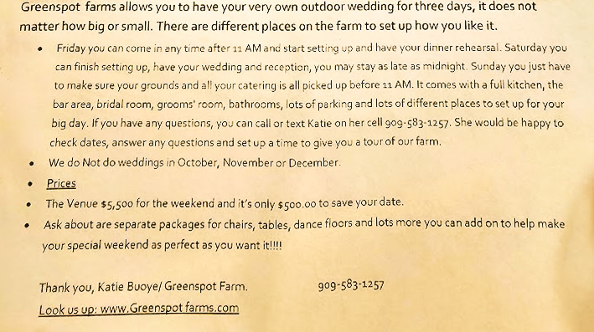 Outdoor wedding prices for Greenspot Farms Inland Empire