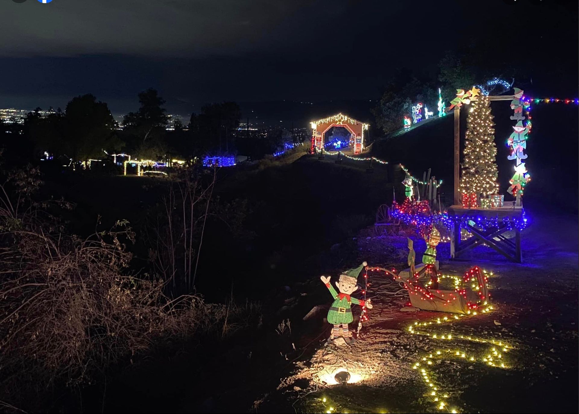 A christmas lights display on a hillside at night