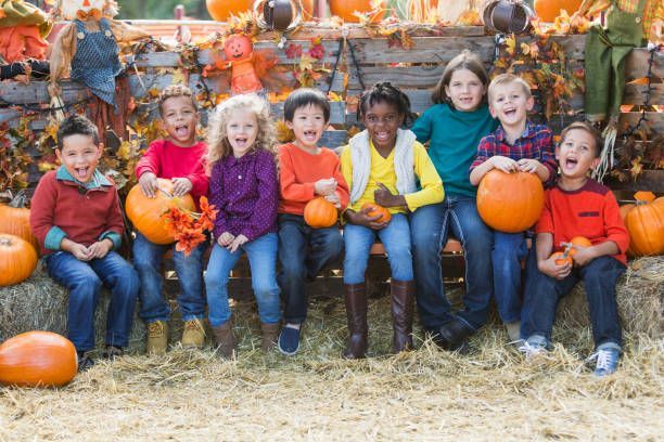 A group of children are sitting on a bench in a pumpkin patch holding pumpkins.