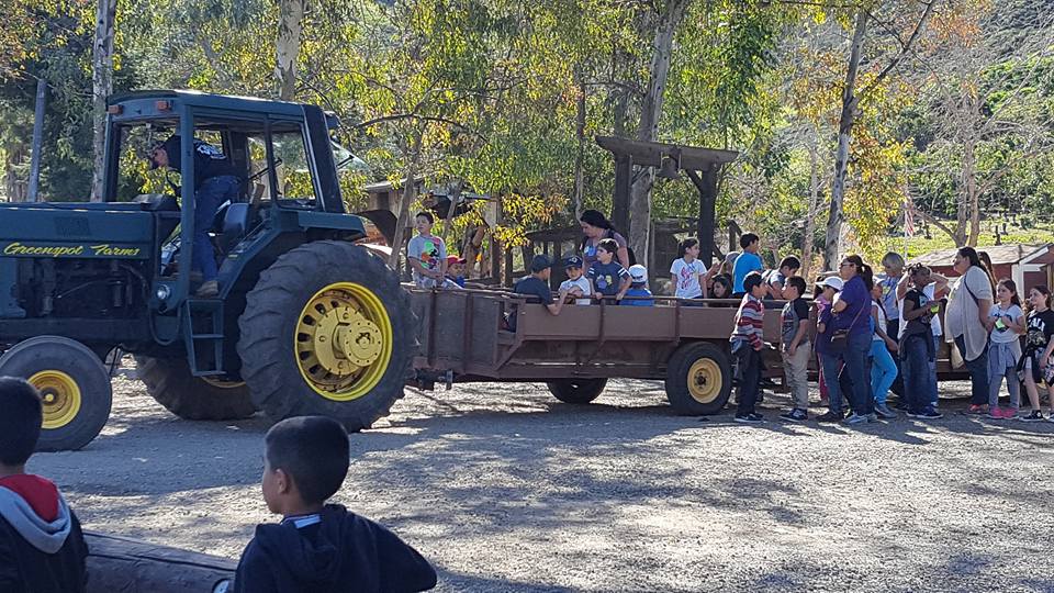 hayride with a load of people touring the farm on a wagon pulled by a big tractor