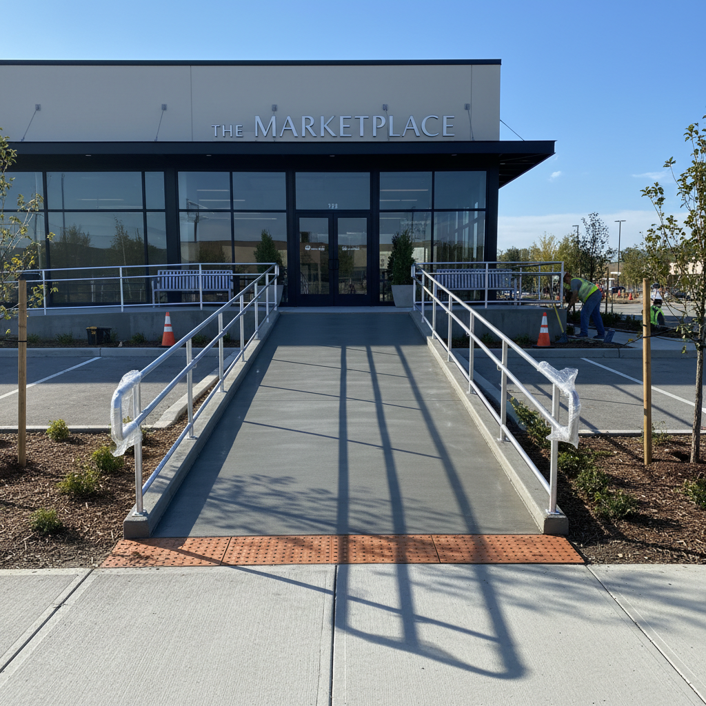 Sidewalk with yellow tactile paving, leading to apartment buildings on a cloudy day.