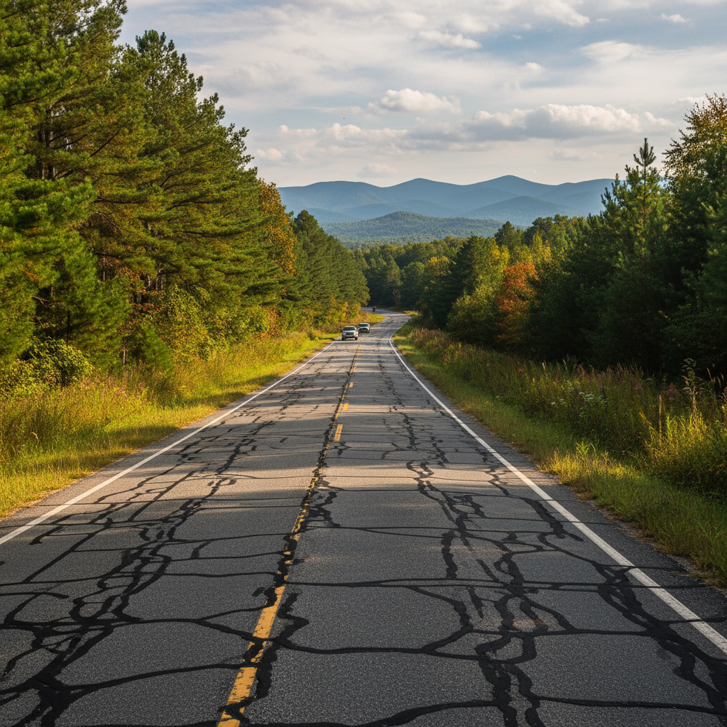 Black and white close-up of cracked asphalt with a long, dark, curvy line running through it.