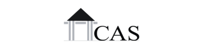 Logo with a black triangular roof over gray columns and the letters