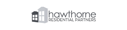 Logo with two stylized house shapes in grey and black next to