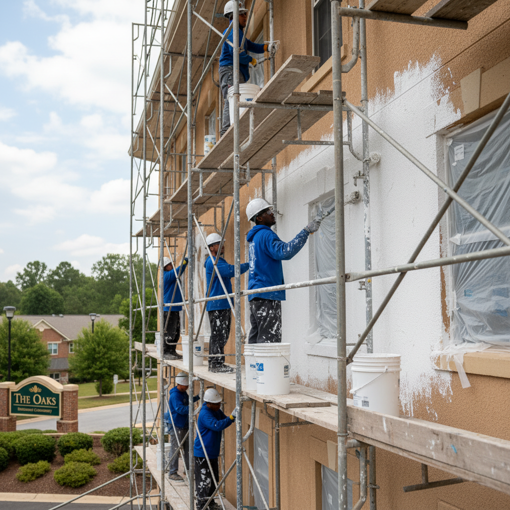 Construction workers paint exterior building wall with scaffolding.