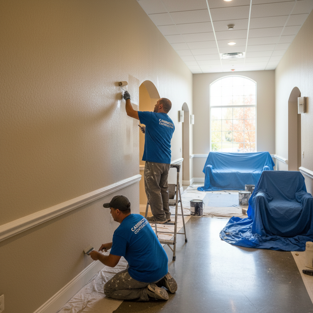 Two painters in a hallway painting walls. One on a ladder, the other kneeling, wearing blue shirts, beige walls.