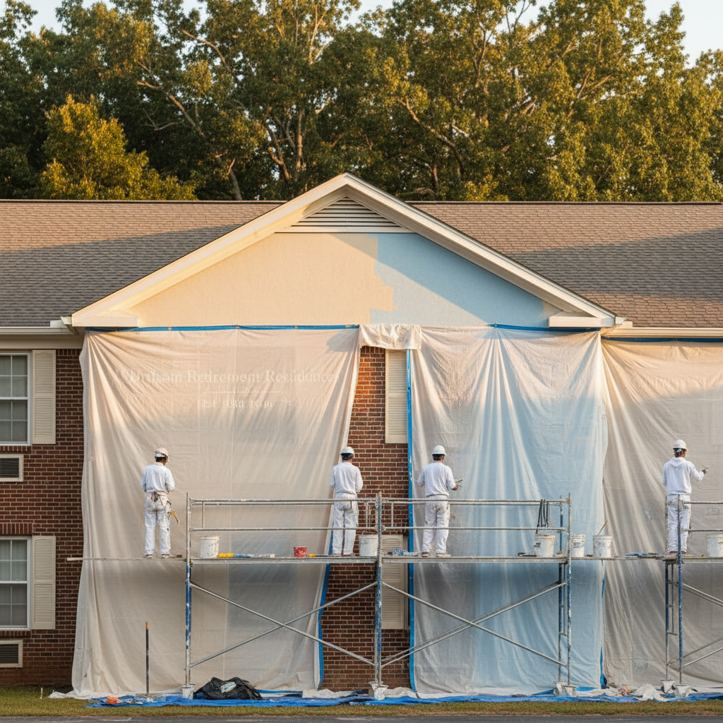 Four painters in white coveralls painting a building exterior on scaffolding, with protective tarps.