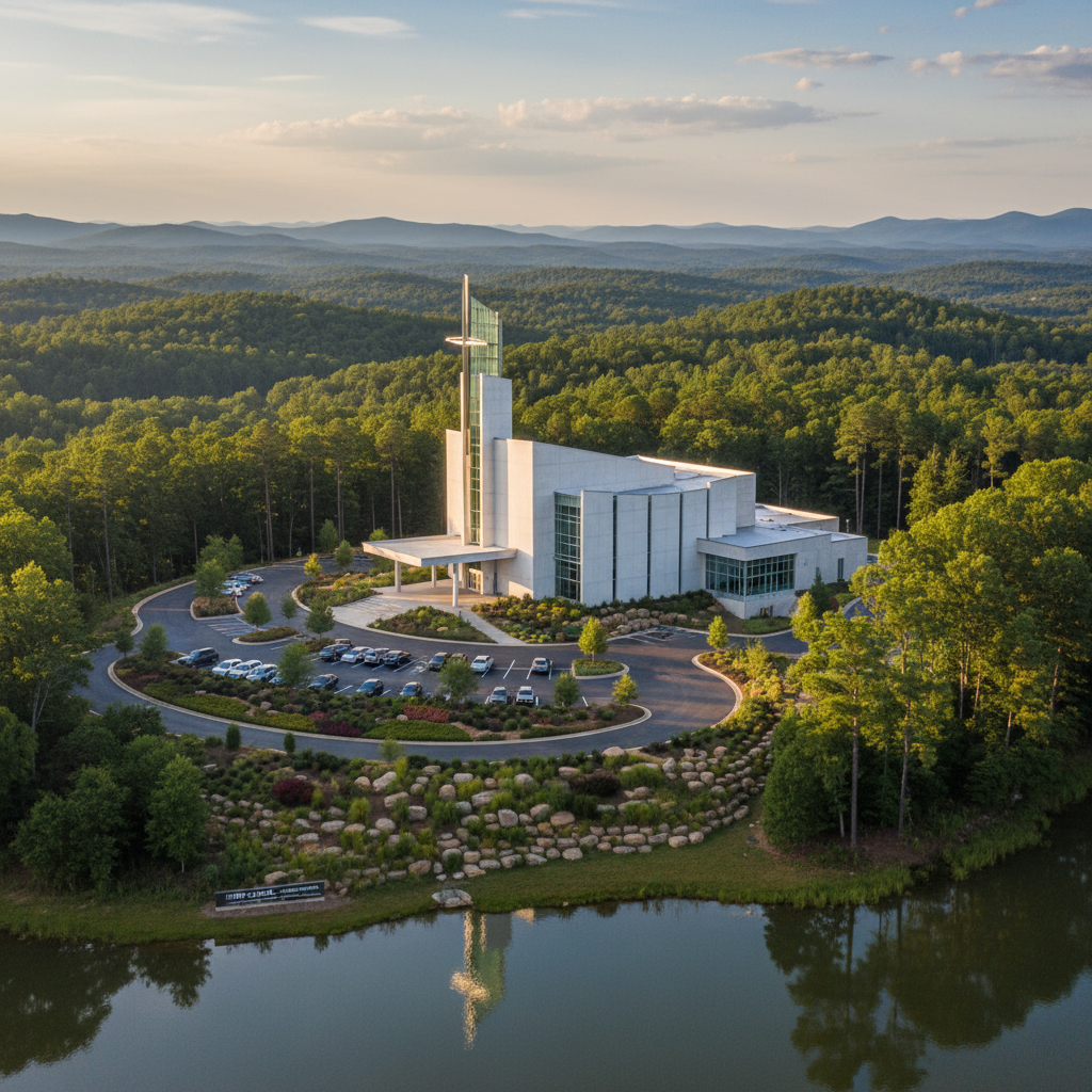 White temple with spire, surrounded by trees and a lake, reflecting the building.