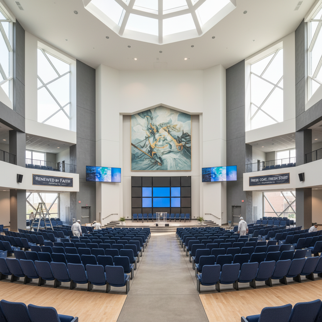 Interior of a modern church with rows of blue seating, stage, large windows, and a mural.