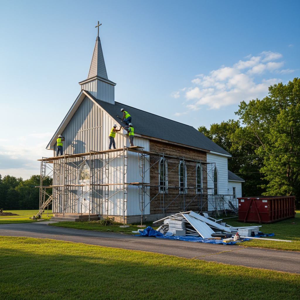 Church under renovation; workers on scaffolding, blue sky.